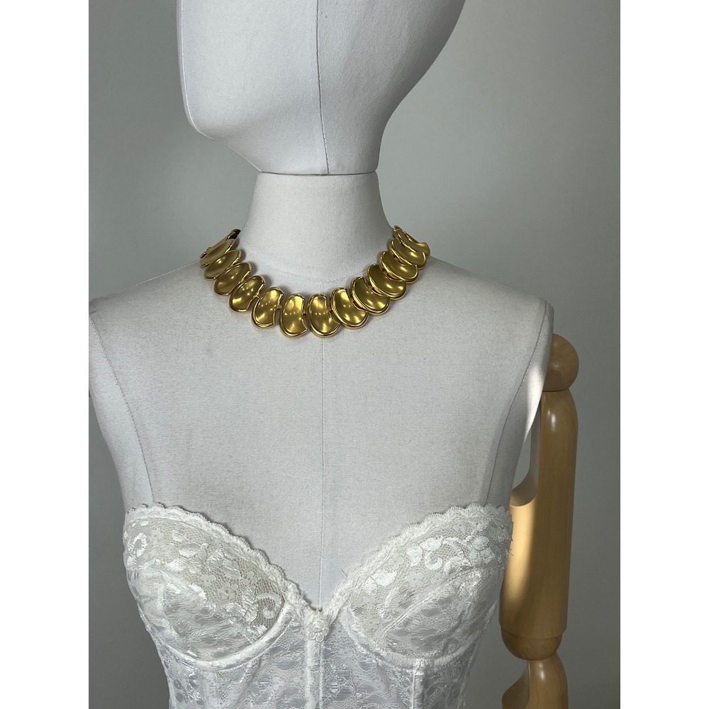 Vintage Gold Tone Crescent Link Statement Collar Necklace Matte Finish 16 Inch